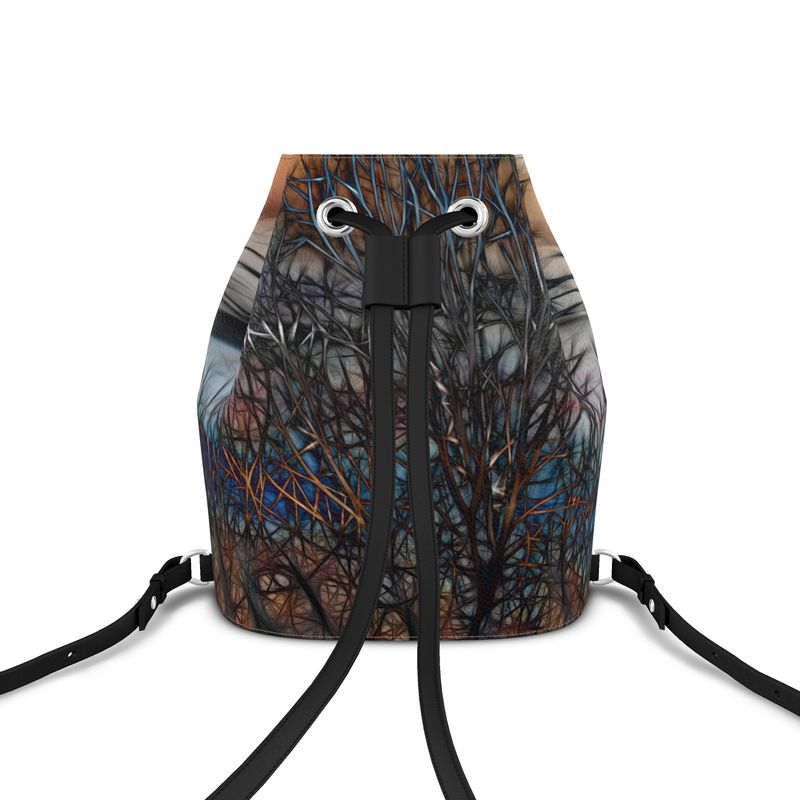 Abstract Sunset Tree Leather Bucket Backpack