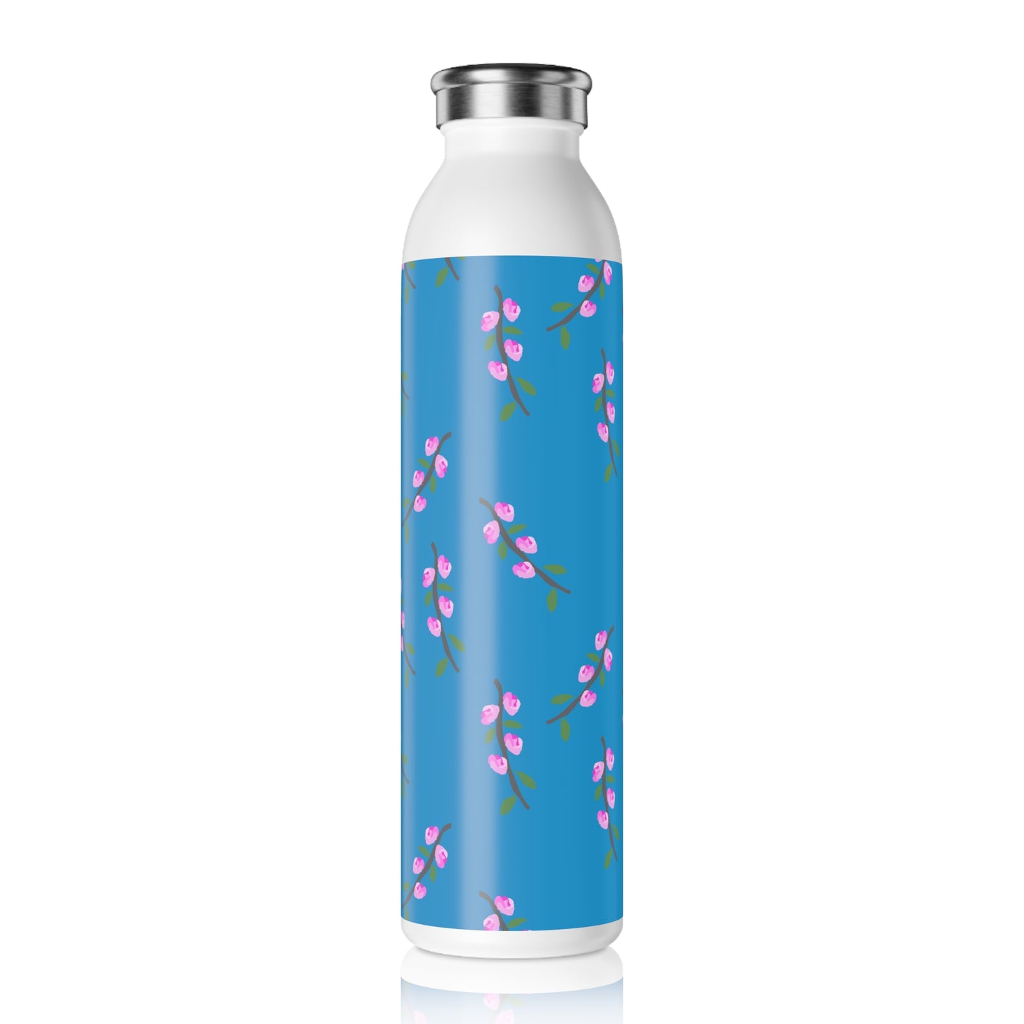 Pink Flower Branches Slim Water Bottle — Blue Pink Blossom Stainless Steel Bottle