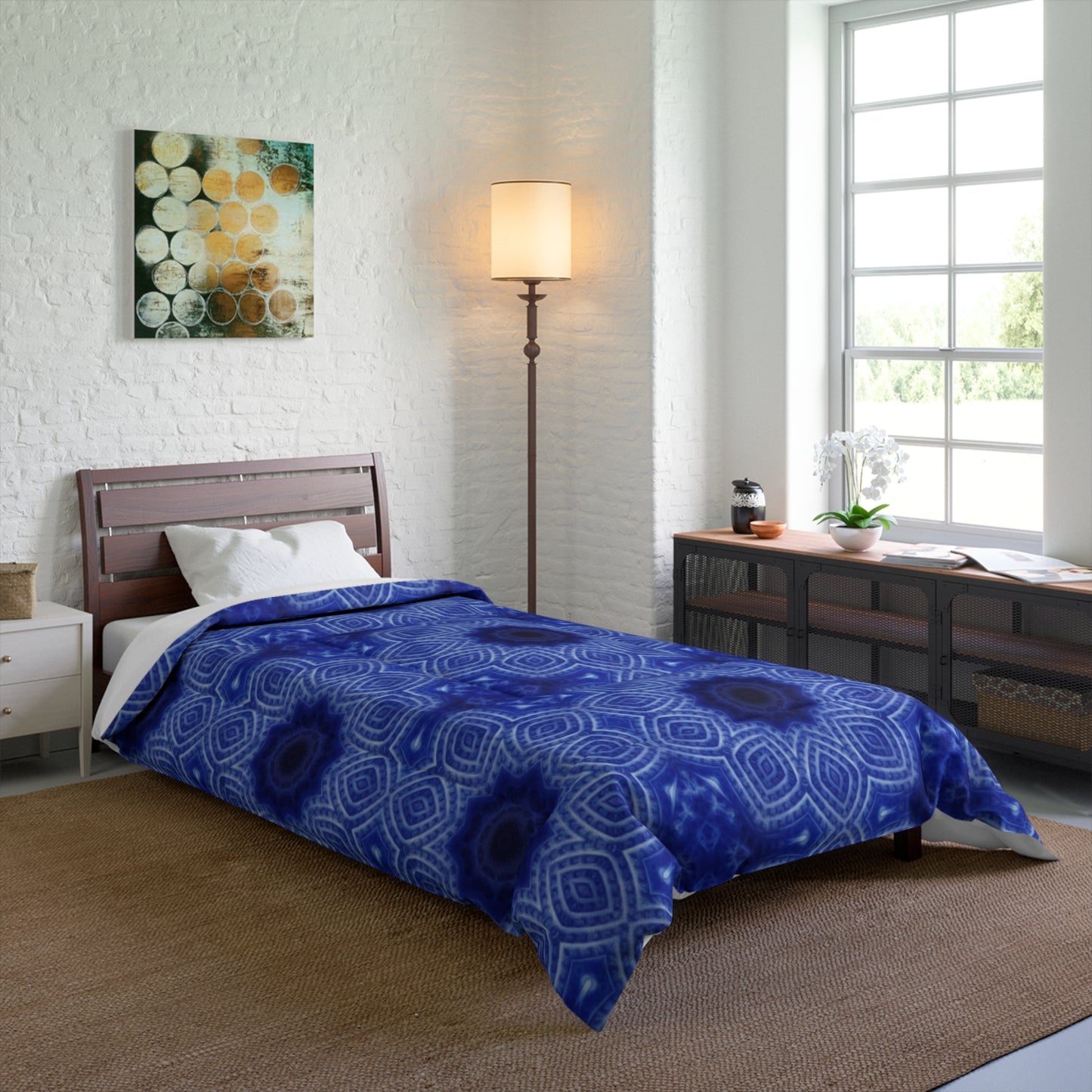 Blue Kaleidoscope Comforter - Geometric Floral Pattern Bedding