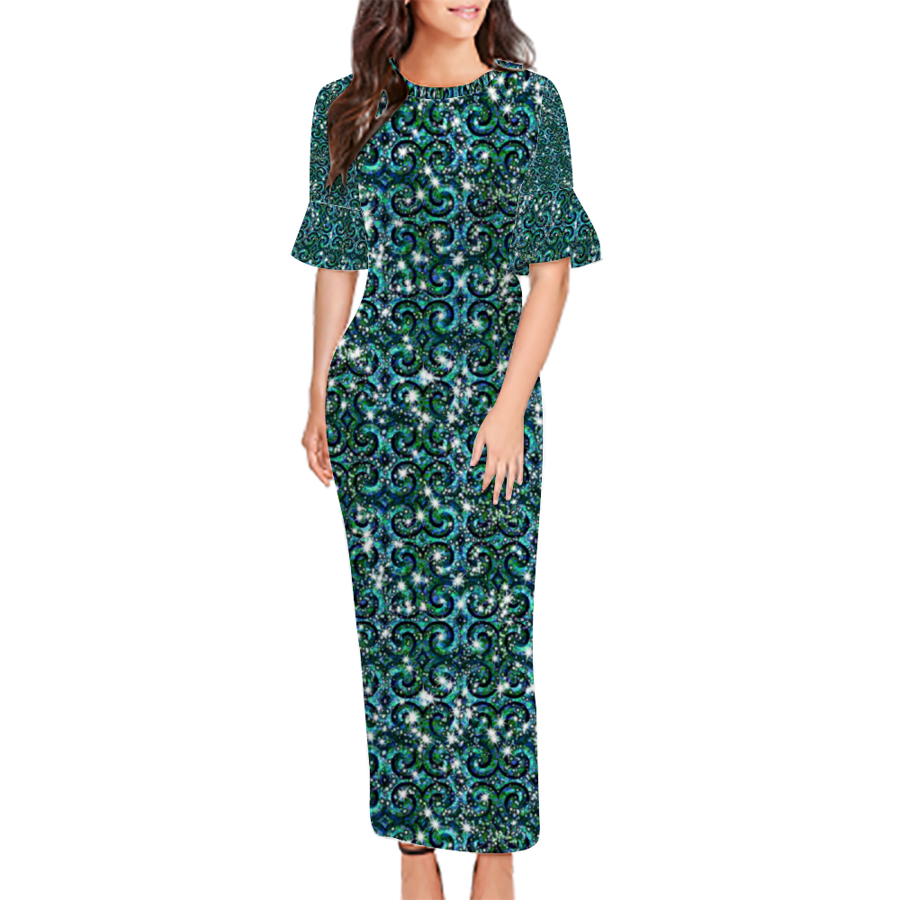 Blue Green Sparkle Swirl Custom Lotus Leaf Short Sleeve Long Dress Women's Summer Fashion Dress