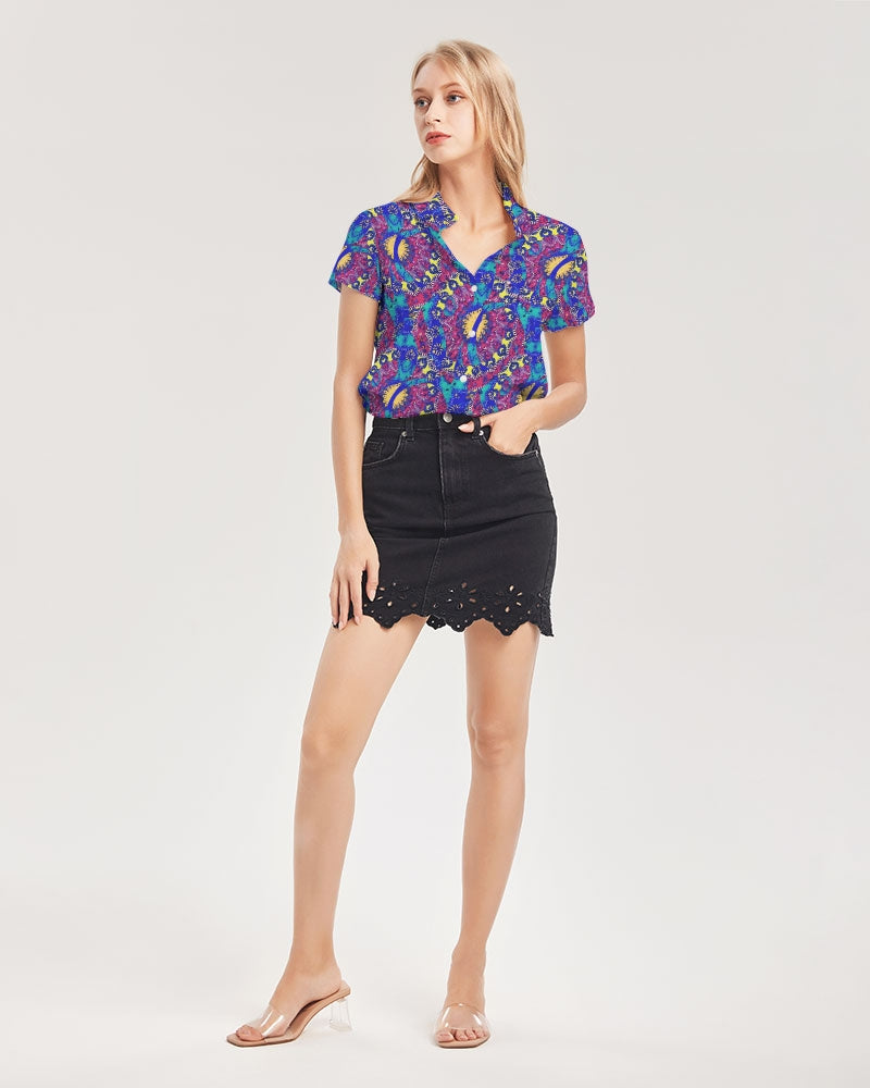 Caribbean Grafitti Women's All-Over Print Short Sleeve Button Up