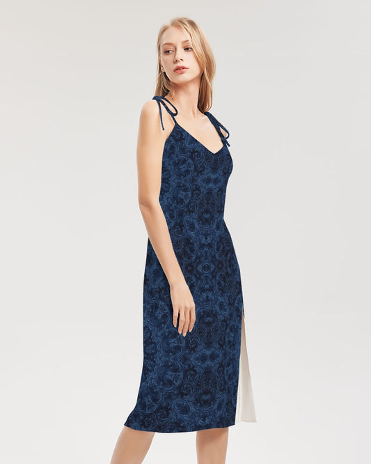 Blue Faux Velvet Kaleidoscope Women's All-Over Print Tie Strap Split Dress