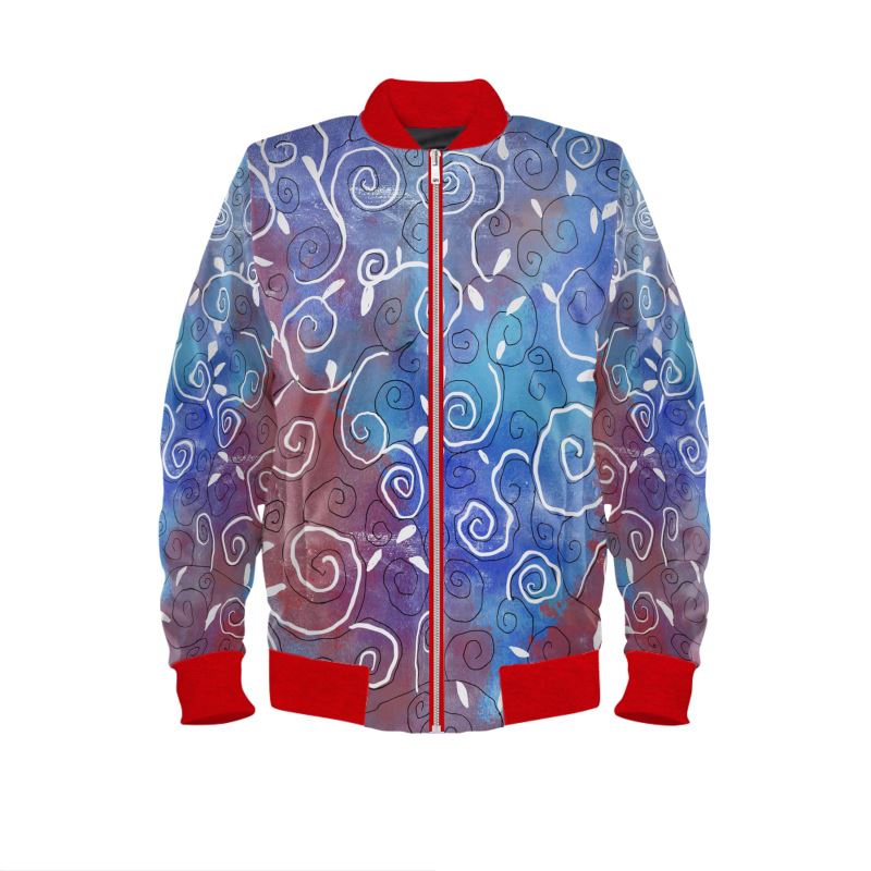 Blue and White Swirls on Red Mens Bomber Jacket