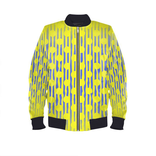 Blue and Yellow Stripes and Dots Mens Bomber Jacket