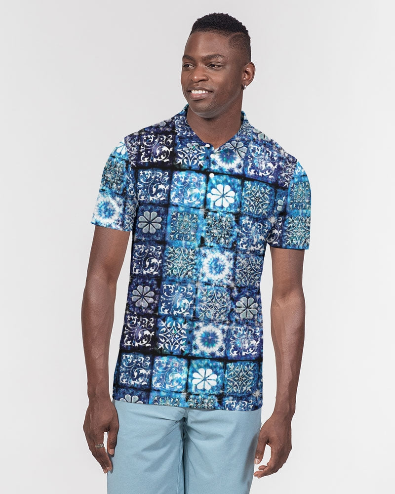 Blue Ice Crystals Motif Men's All-Over Print Slim Fit Short Sleeve Polo