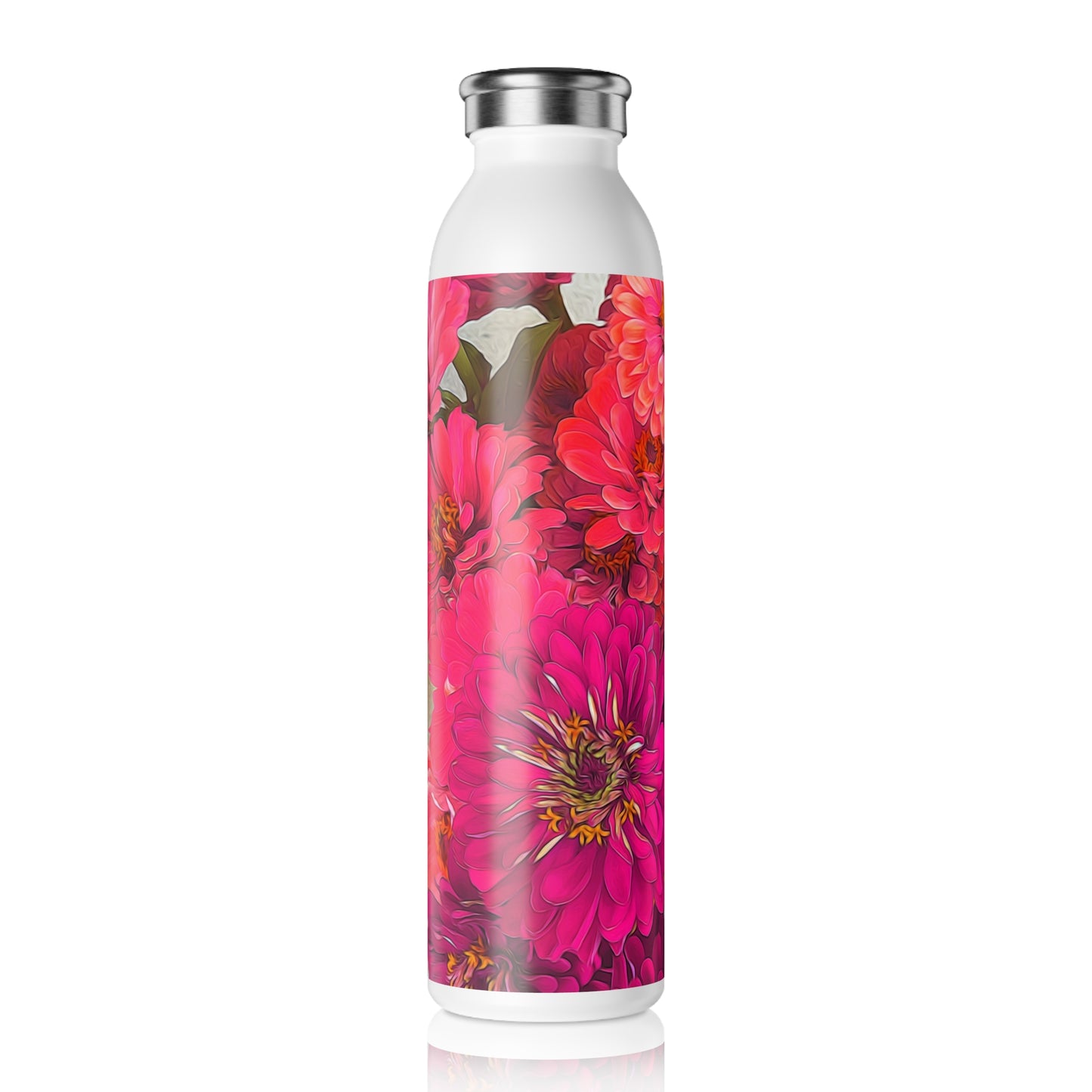 Slim Water Bottle — Bright Pink Zinnia Floral Stainless Steel Bottle
