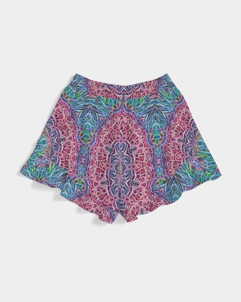Blue Red Snowflake Kaleidoscope Women's All-Over Print Ruffle Shorts