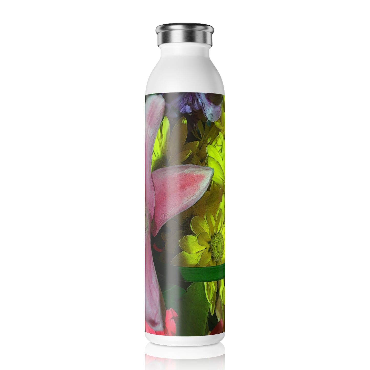 Floral Lily Slim Water Bottle — Pink & Yellow Botanical Insulated Bottle