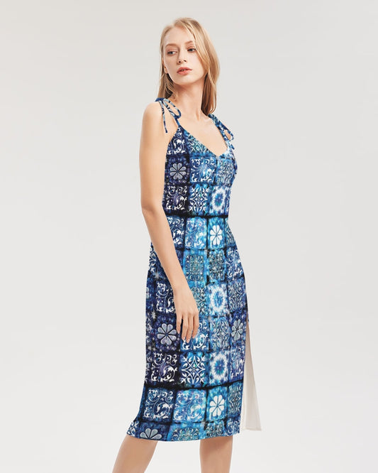 Blue Ice Crystals Motif Women's All-Over Print Tie Strap Split Dress