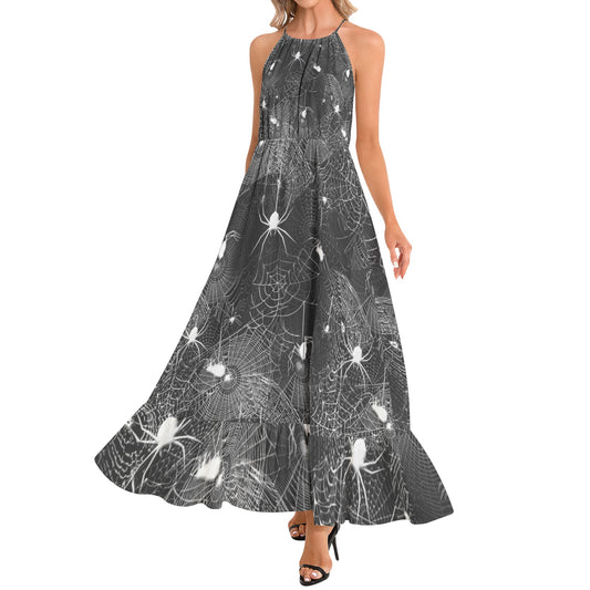 Black and White Spider Webs Ruffle Hem Halter Neck Maxi Dress