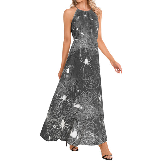Black and White Spider Webs Ruffle Hem Halter Neck Maxi Dress