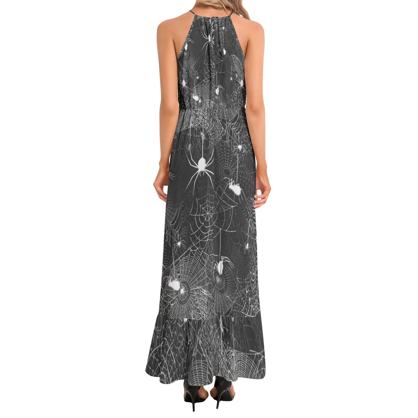 Black and White Spider Webs Ruffle Hem Halter Neck Maxi Dress