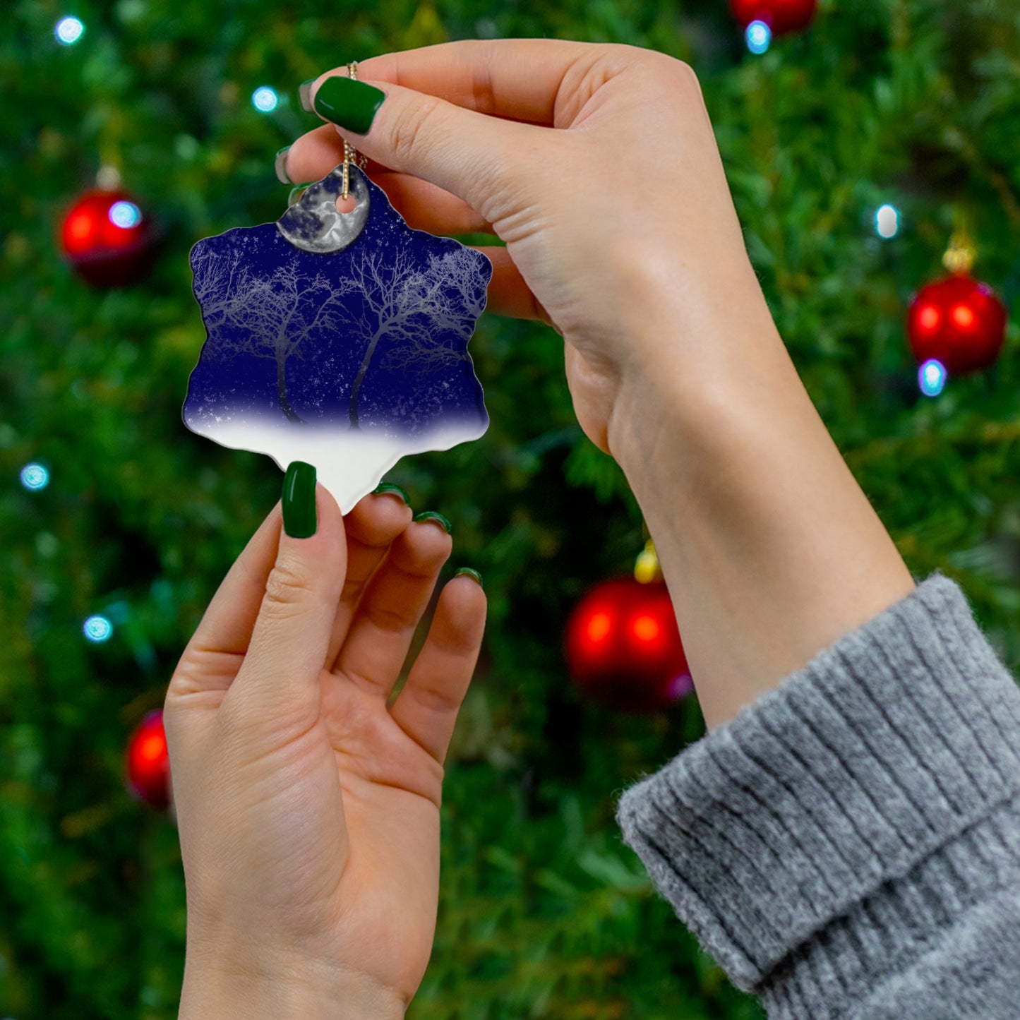 Blue Moon Snow Trees Ceramic Ornament Set