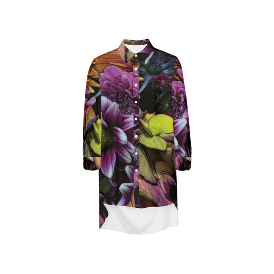 October Flowers 6 Women's High-Low Long-Sleeve Hem Shirt Silky-like Elegance