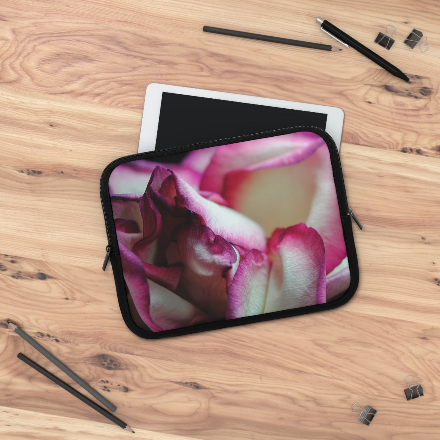 Pink Lined White Rose Laptop Sleeve