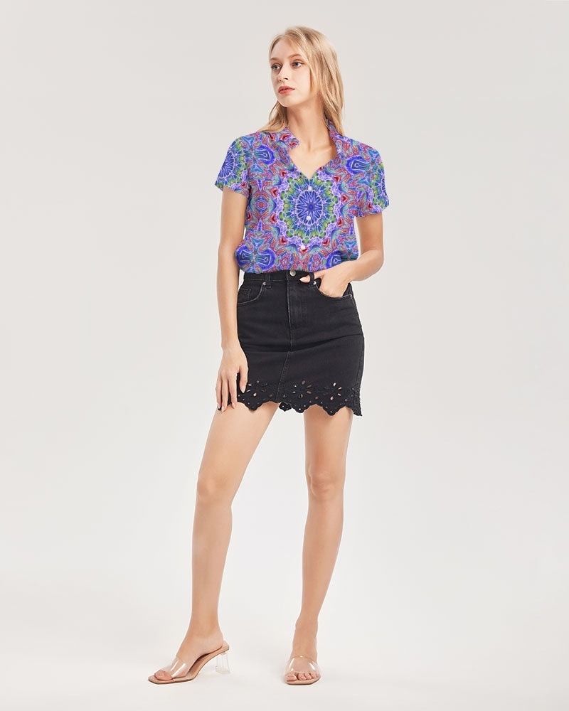 Blue Red Kaleidoscope Women's All-Over Print Short Sleeve Button Up