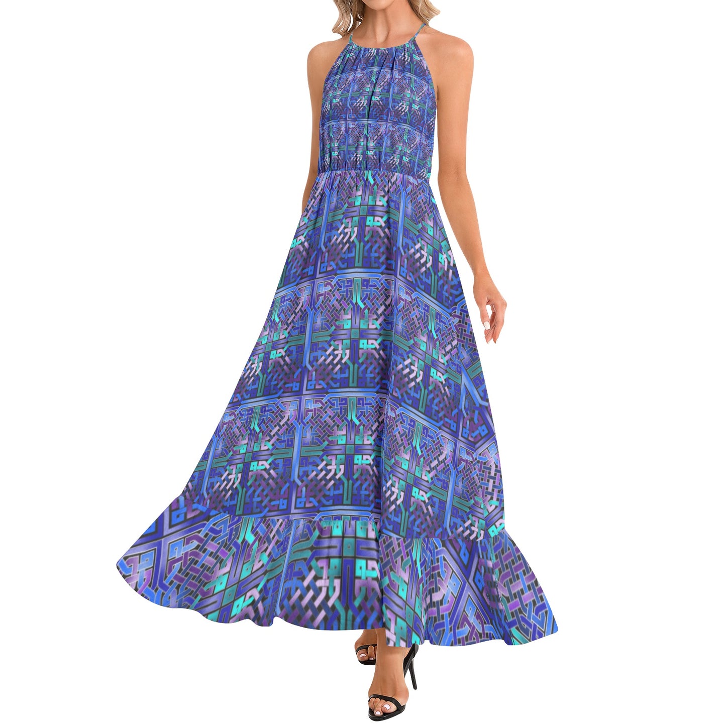 Blue Celtic Knot Pattern Ruffle Hem Halter Neck Maxi Dress