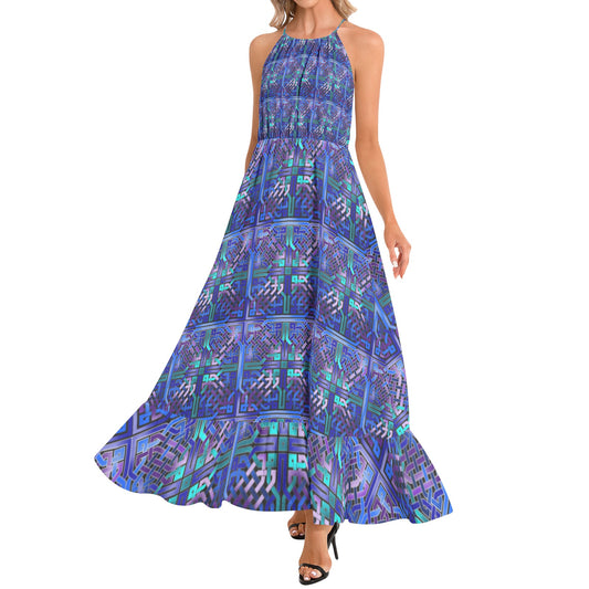 Blue Celtic Knot Pattern Ruffle Hem Halter Neck Maxi Dress
