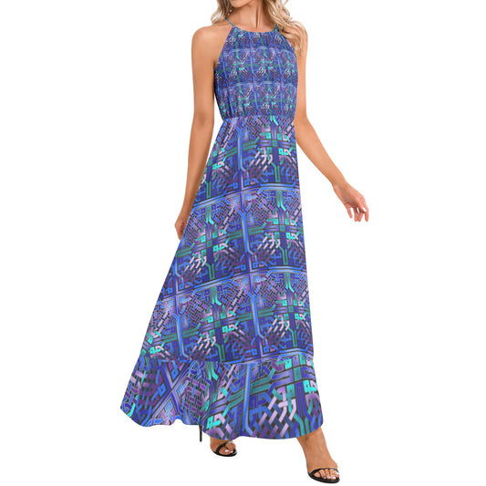 Blue Celtic Knot Pattern Ruffle Hem Halter Neck Maxi Dress