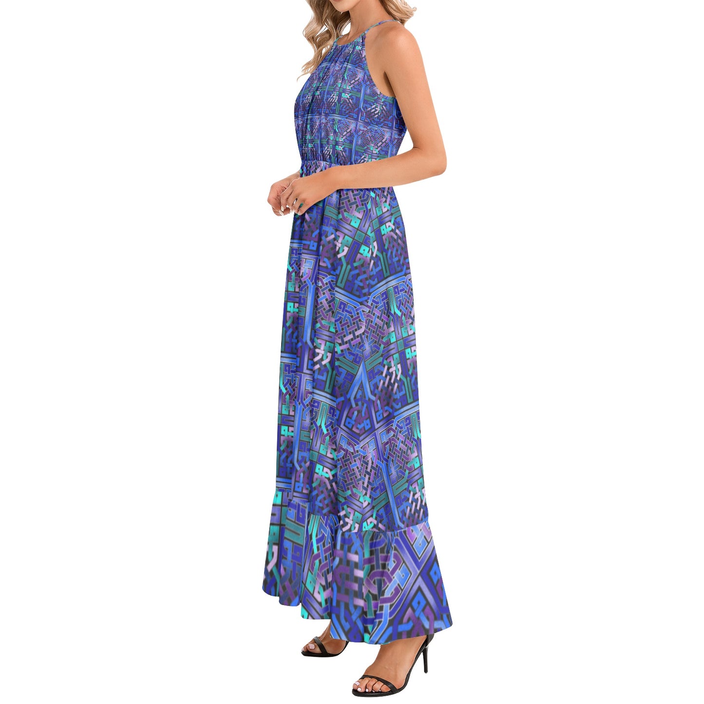 Blue Celtic Knot Pattern Ruffle Hem Halter Neck Maxi Dress