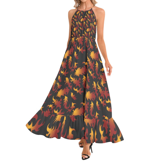 Abstract Flames Ruffle Hem Halter Neck Maxi Dress