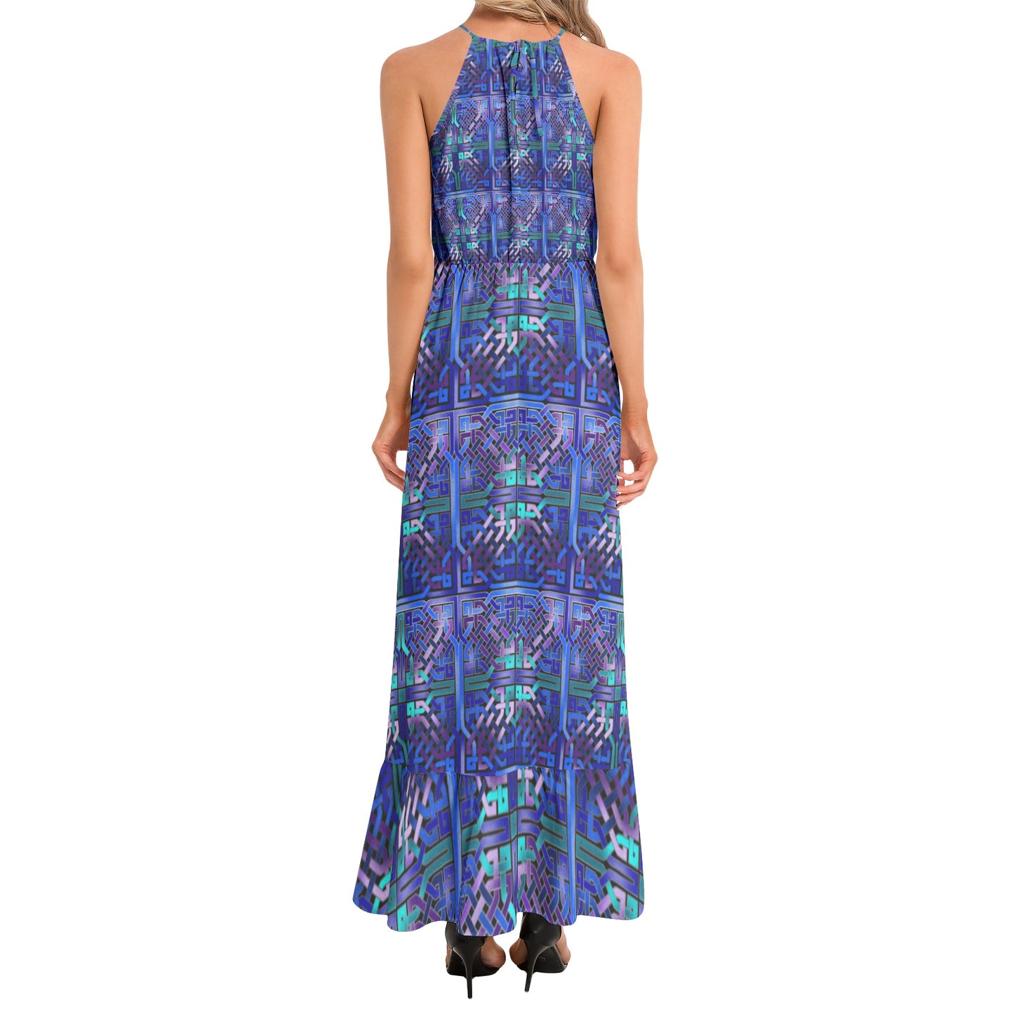 Blue Celtic Knot Pattern Ruffle Hem Halter Neck Maxi Dress