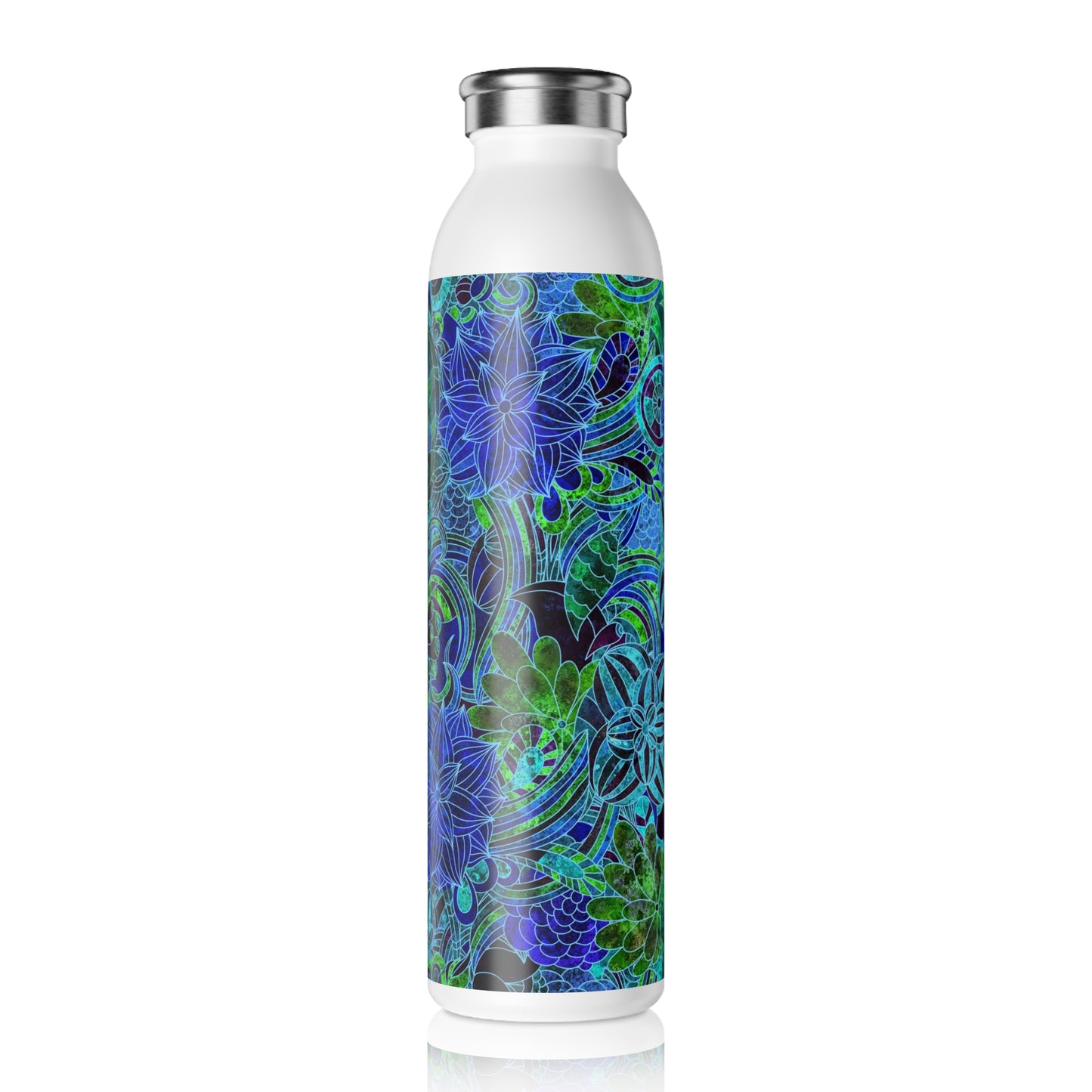 Blue Green Flower Pattern Slim Water Bottle - Eco-Friendly Hydration, Reusable Drink Container, Travel Mug, Gift for Nature Lovers, Yoga and Fitness