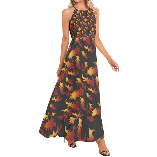 Abstract Flames Ruffle Hem Halter Neck Maxi Dress