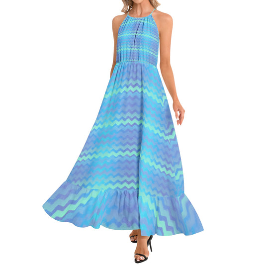Mermaid Stripes Ruffle Hem Halter Neck Maxi Dress