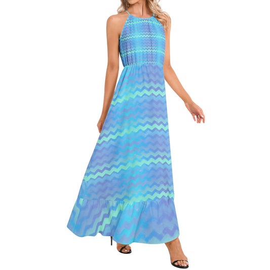 Mermaid Stripes Ruffle Hem Halter Neck Maxi Dress