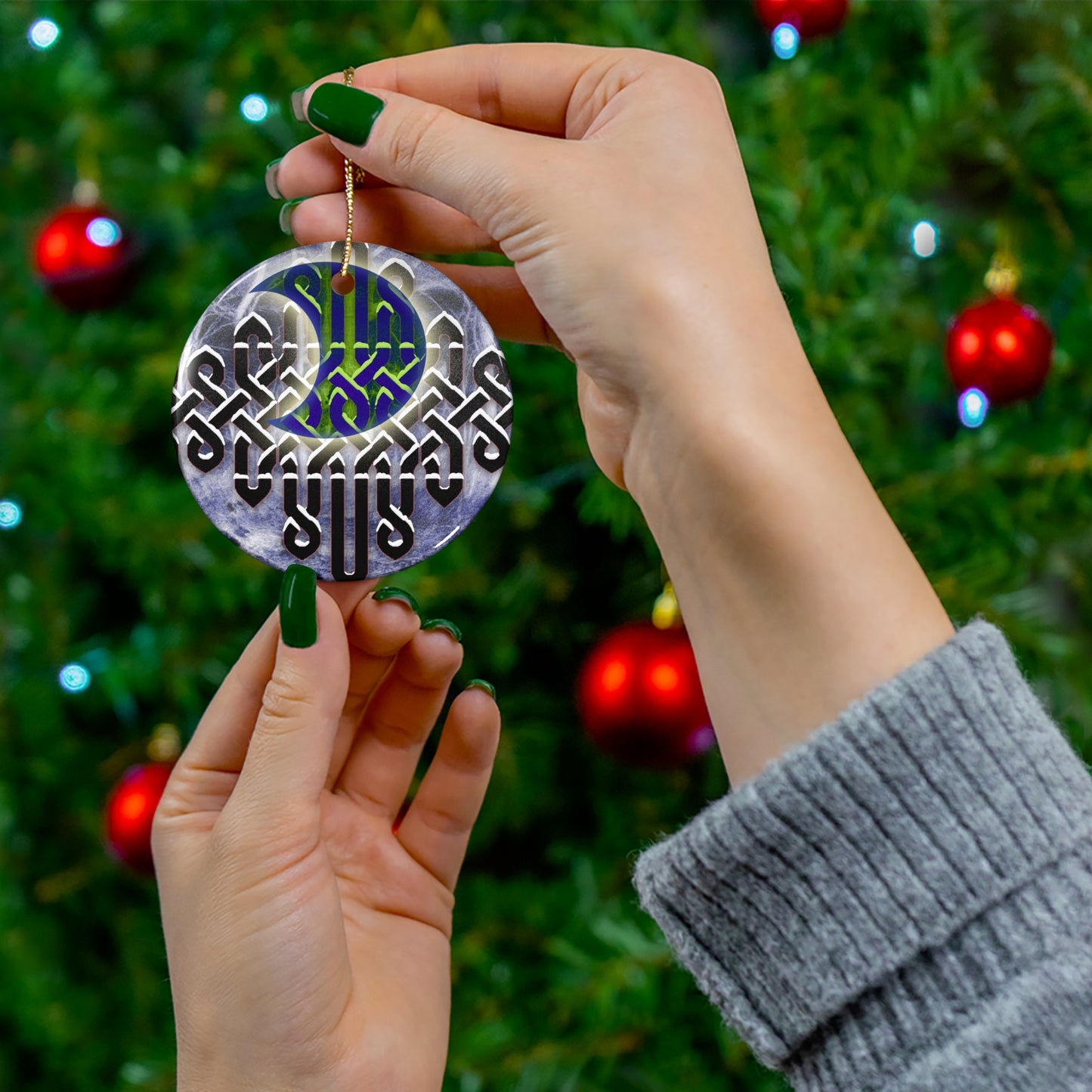 Celtic Moon Ceramic Star Ornament — Knotwork Holiday Decoration