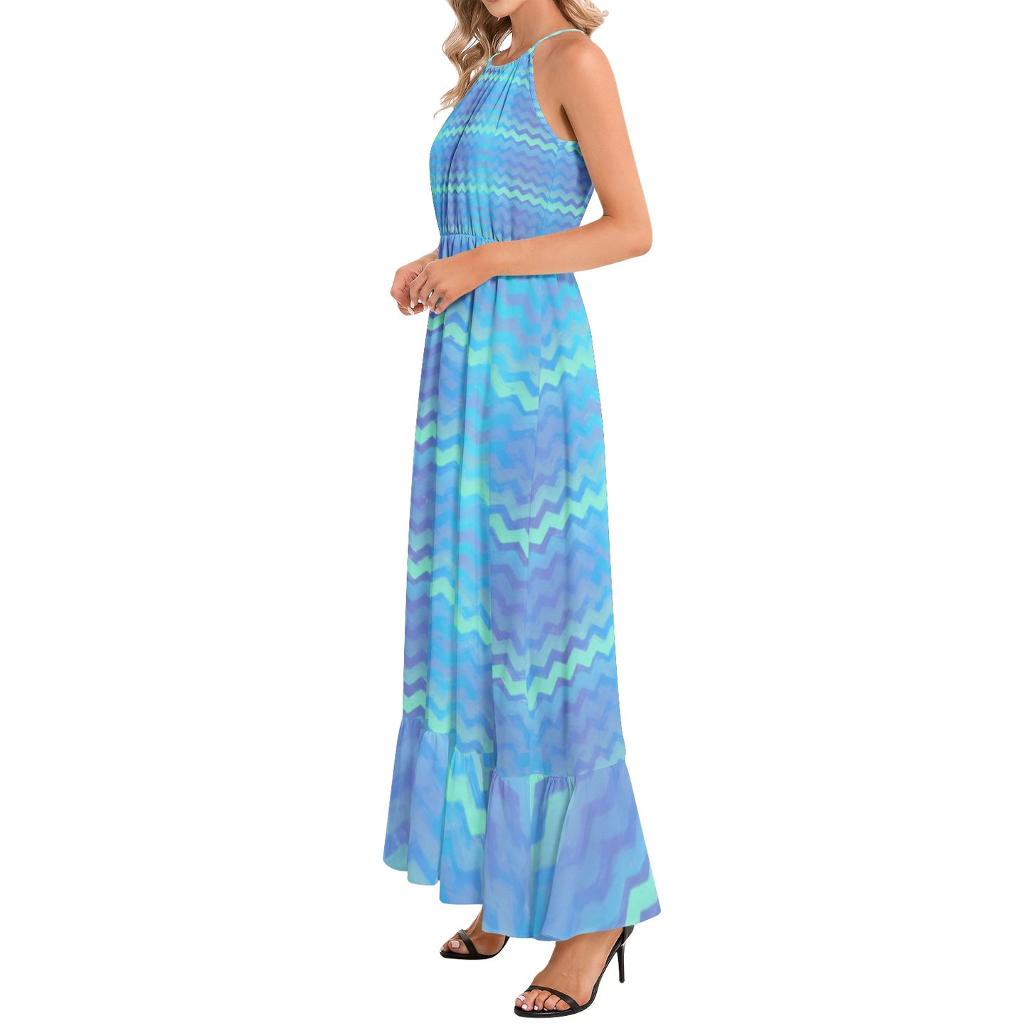 Mermaid Stripes Ruffle Hem Halter Neck Maxi Dress