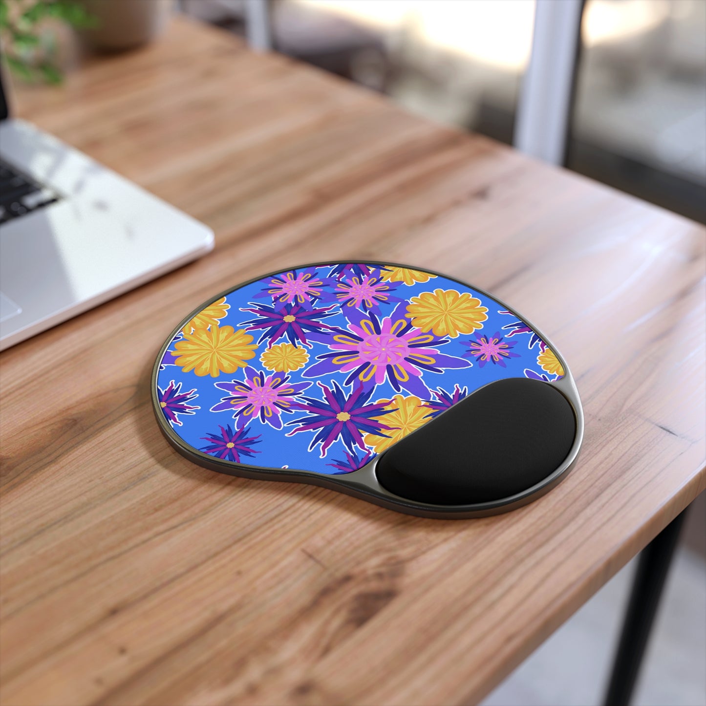 Fanciful Flowers on Blue Mouse Pad With Wrist Rest