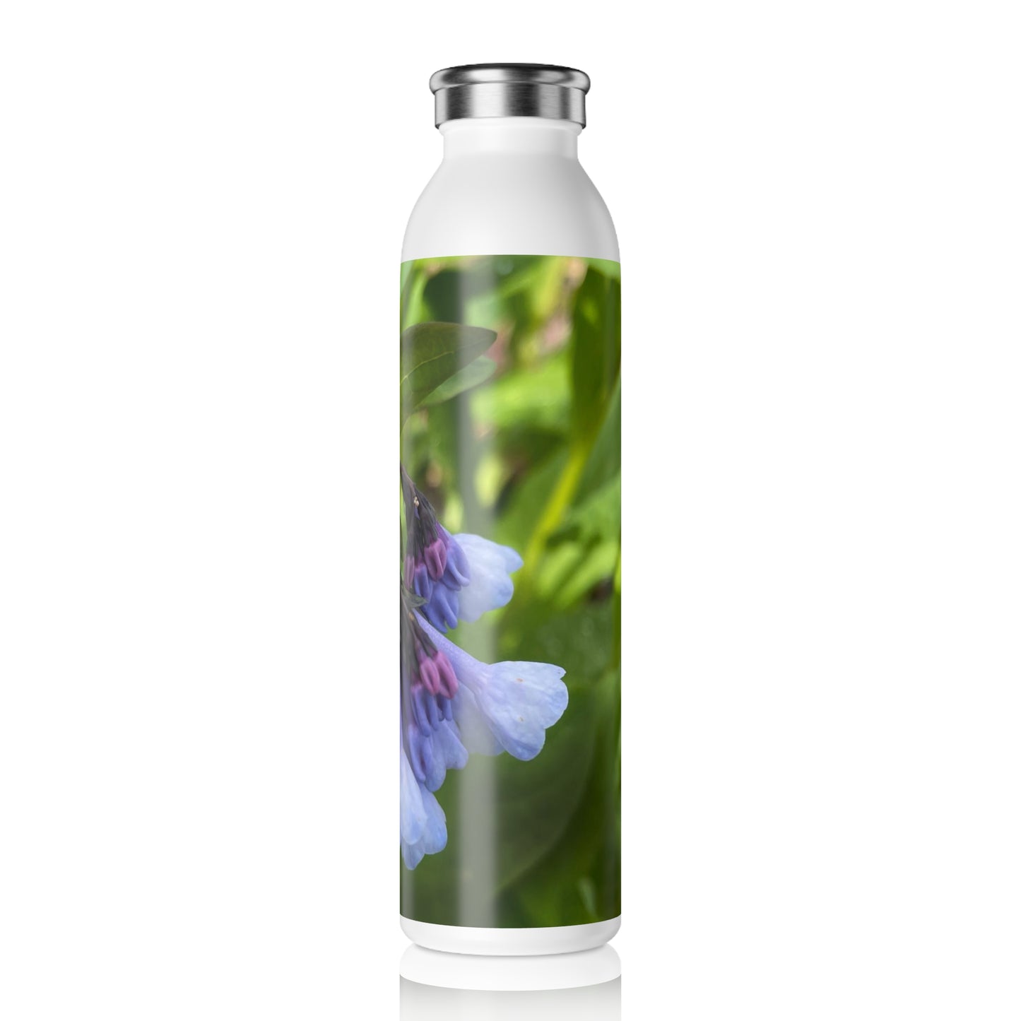 Blue and Purple April Wildflowers Slim Water Bottle, Eco-Friendly Hydration, Gift for Nature Lovers, Yoga Bottle, Spring Celebrations