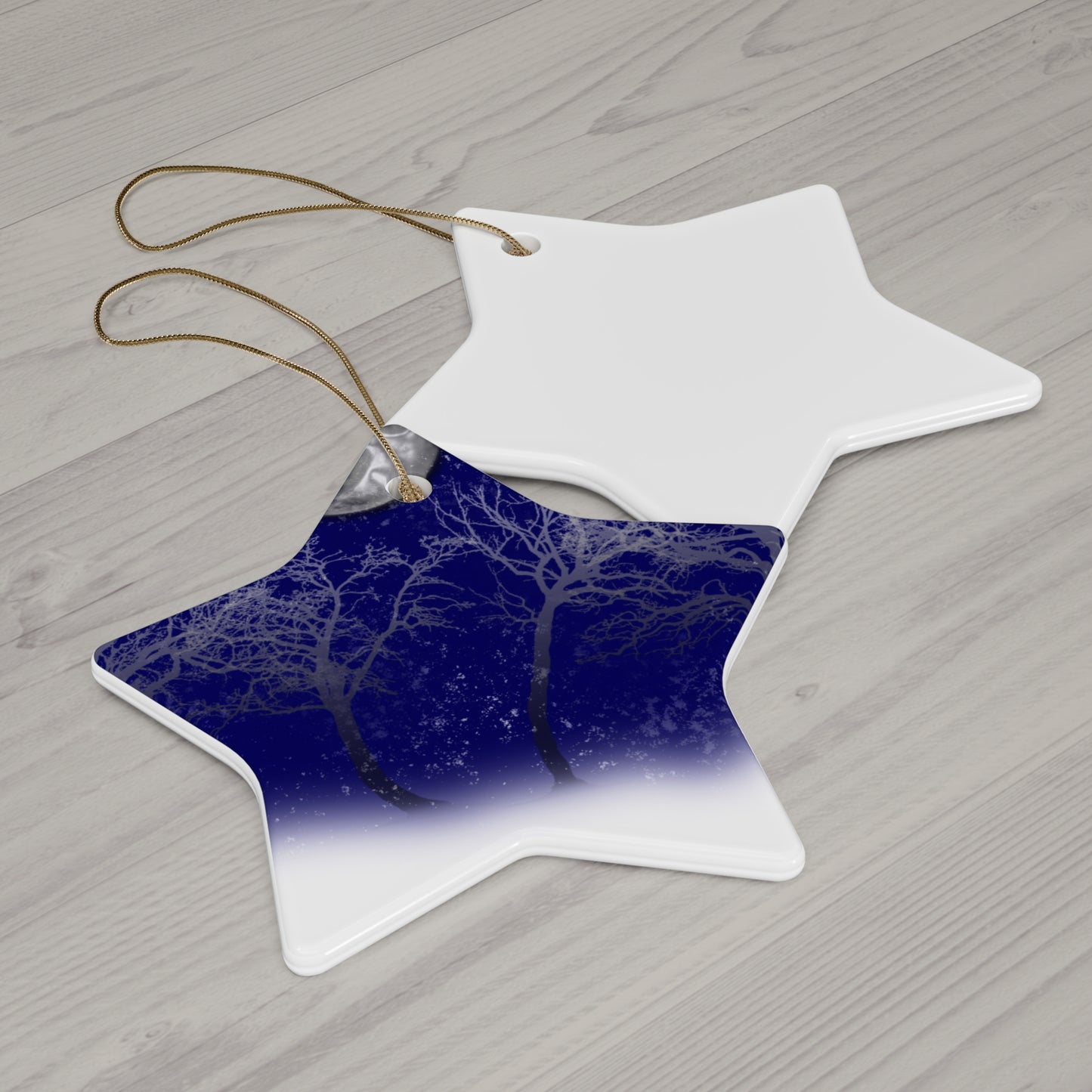 Blue Moon Snow Trees Ceramic Ornament Set