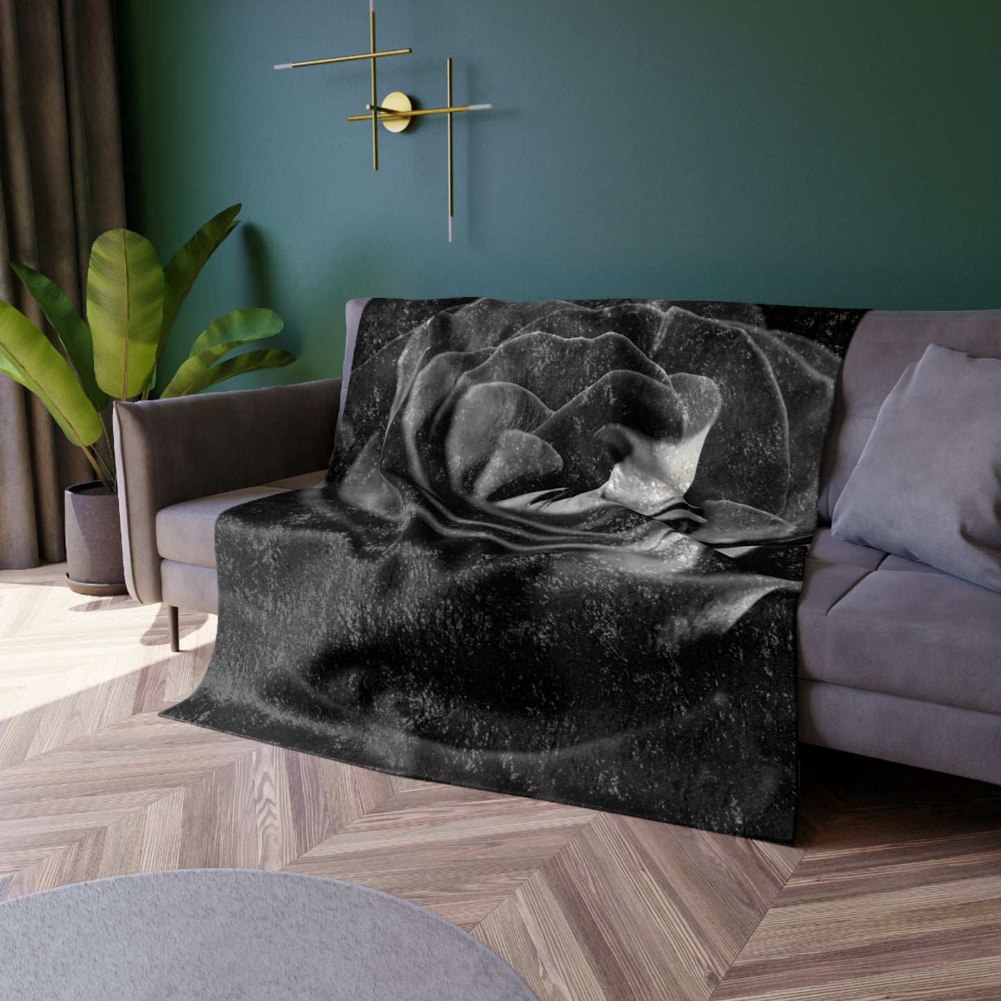 Dark Black and White Rose Crushed Velvet Blanket
