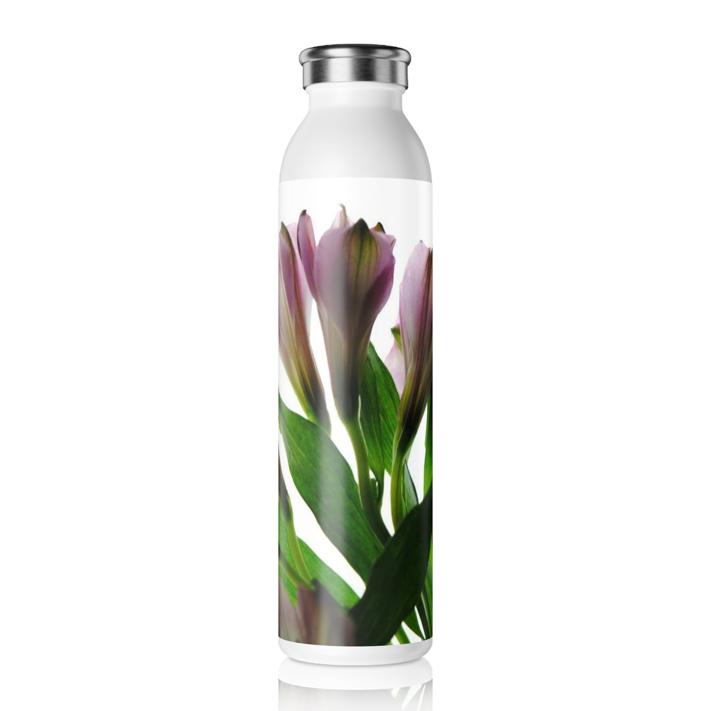 Slim Water Bottle — Pink Flowers Green Stems Stainless Steel Bottle