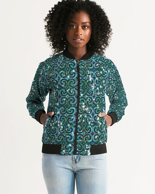 Blue Ice Sparkle Swirl Women's All-Over Print Bomber Jacket