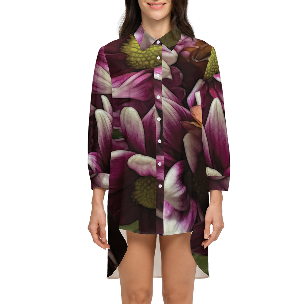 October Flowers 7 Women's High-Low Long-Sleeve Hem Shirt Silky-like Elegance