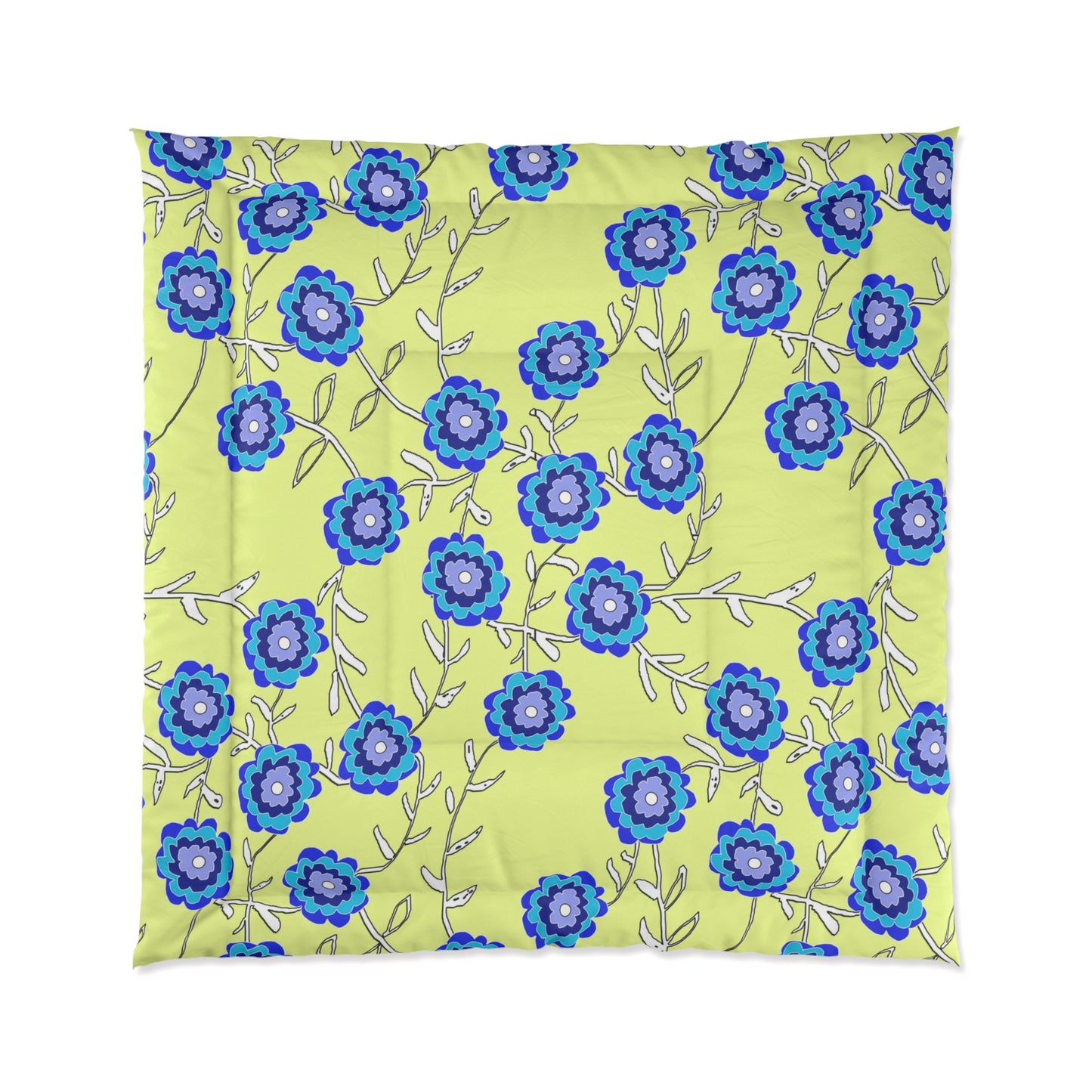 Blue Floral Comforter – Bright Lemon Yellow Background Cozy Bedspread