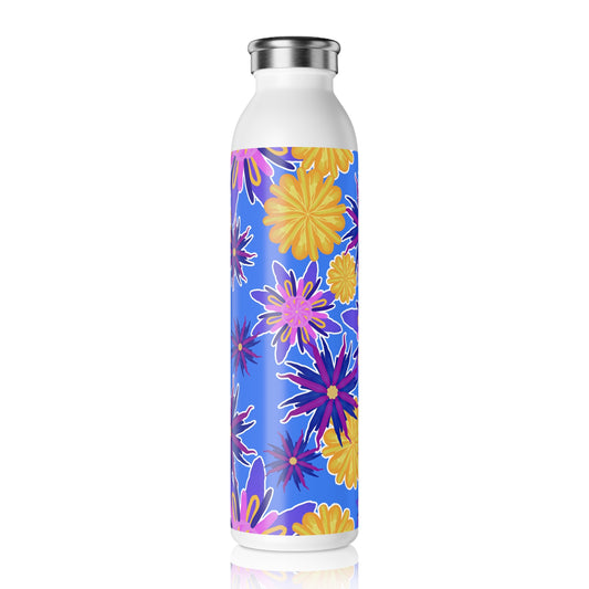 Fanciful Flowers On Powder Blue Slim Water Bottle - Reusable Hydration for Eco-Friendly Living, Summer Adventures, Gym, Yoga, Gift for Her