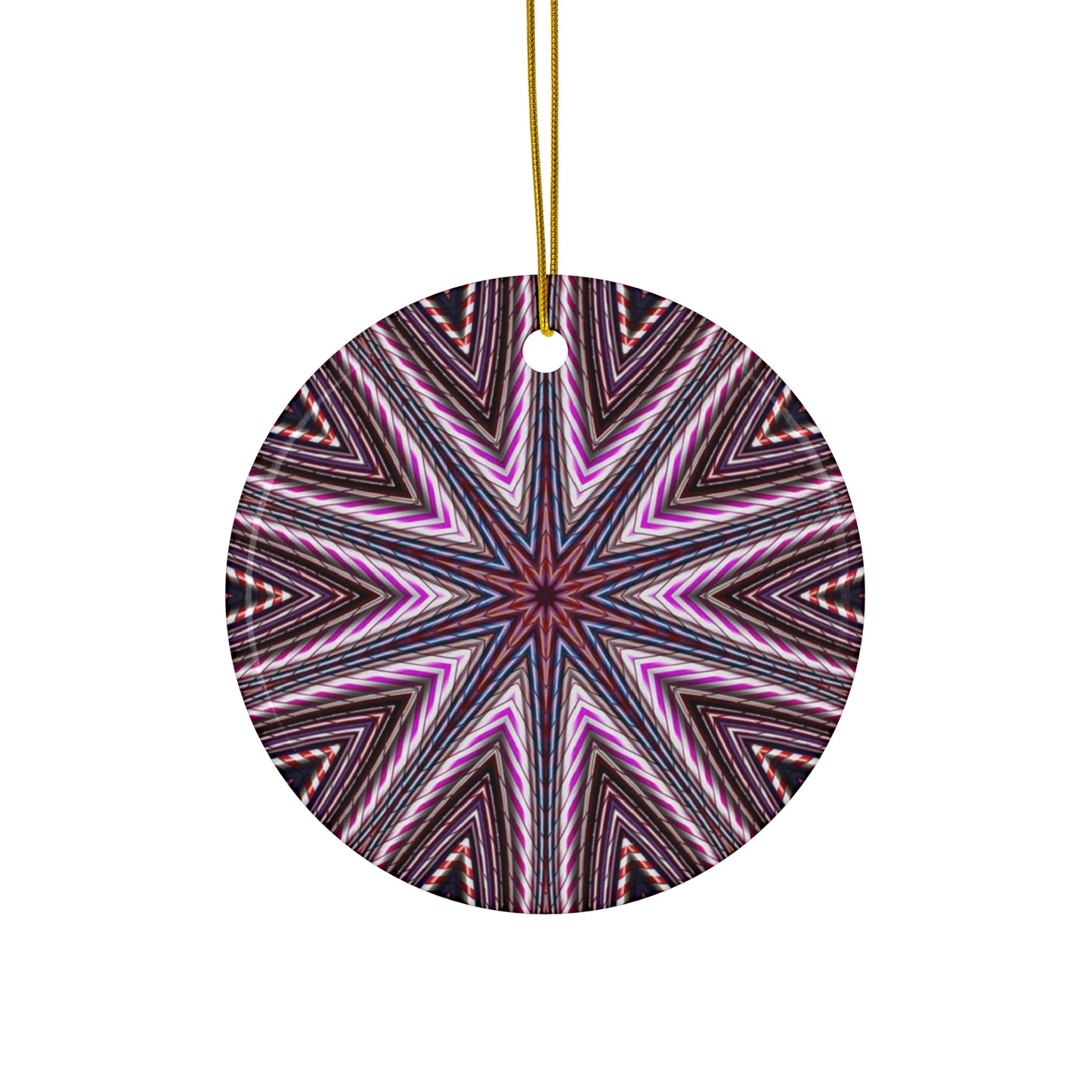 Candy Cane Kaleidoscope Star Ceramic Ornament — Pink Geometric Holiday Decoration