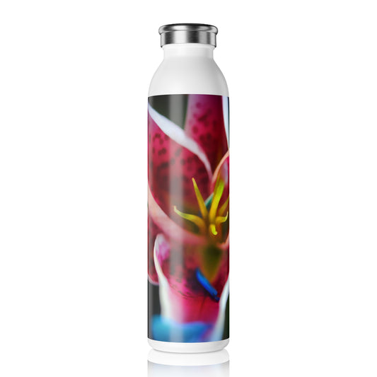 Blue Petals on a Pink and White Lily Slim Water Bottle, Stylish Hydration for Fitness, Eco-Friendly Drinkware, Gift for Nature Lovers, Travel Companion
