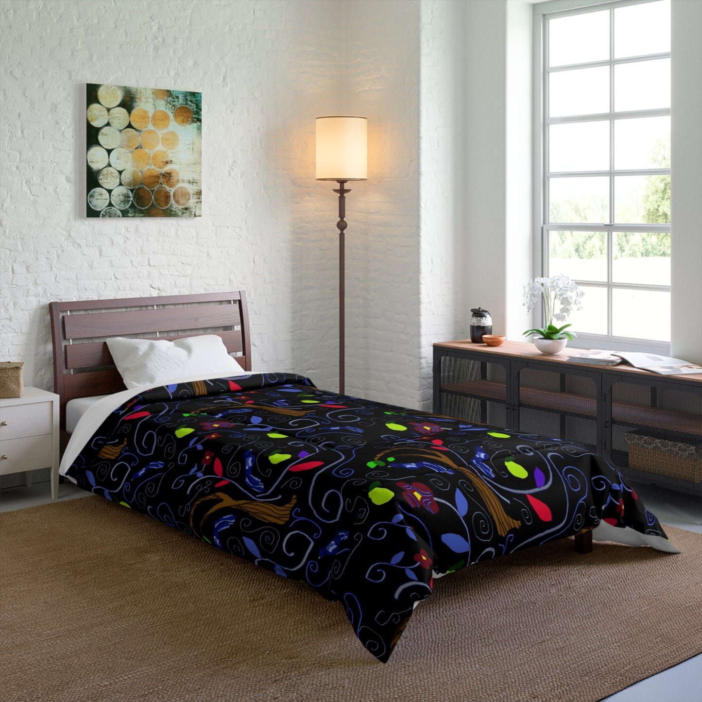 Dark Whimsical Tree Comforter – Colorful Leaf Pattern Bedding