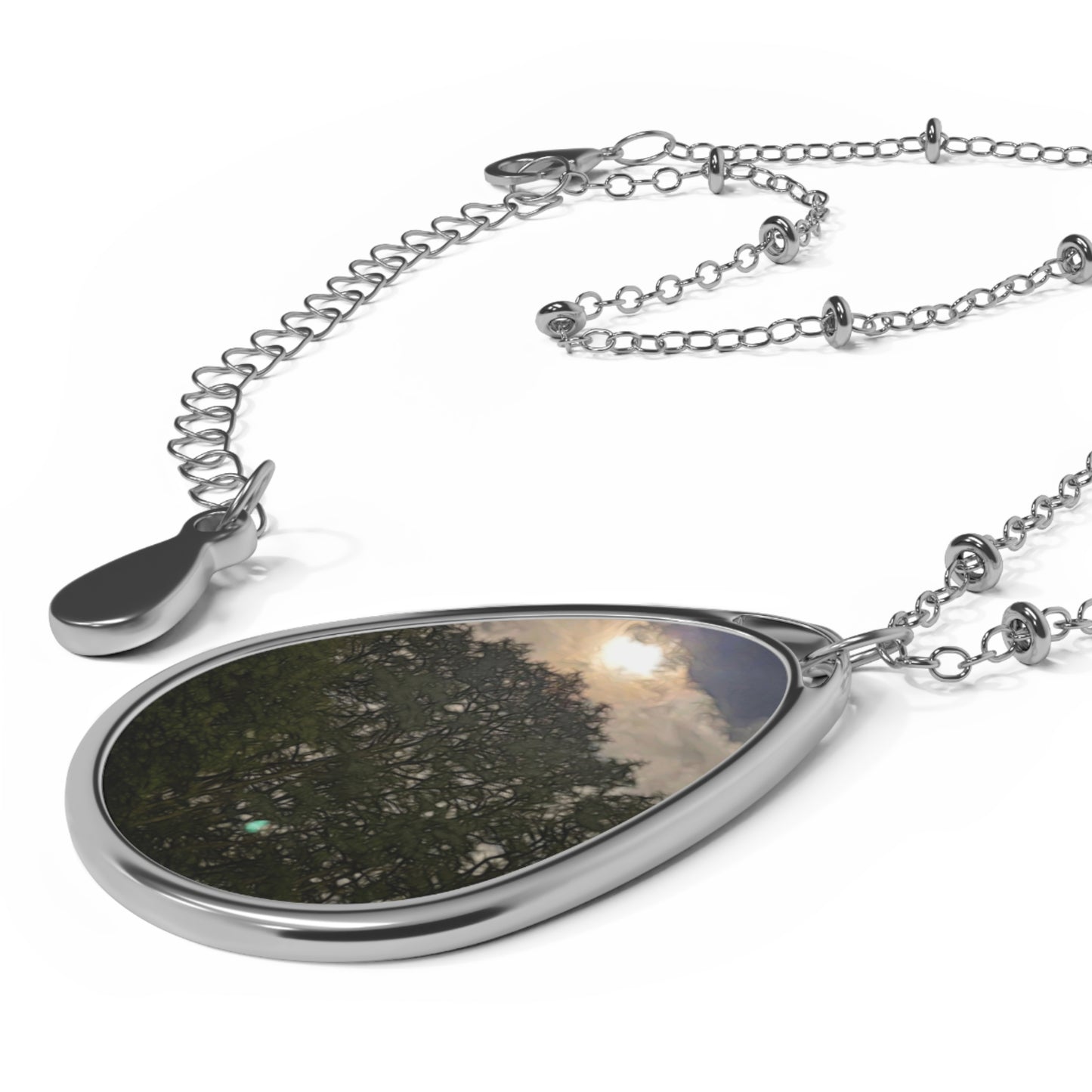 Harvest Moon Over Trees Oval Necklace, Handmade Jewelry, Gift for Nature Lovers, Minimalist Pendant, Eco-Friendly Accessory