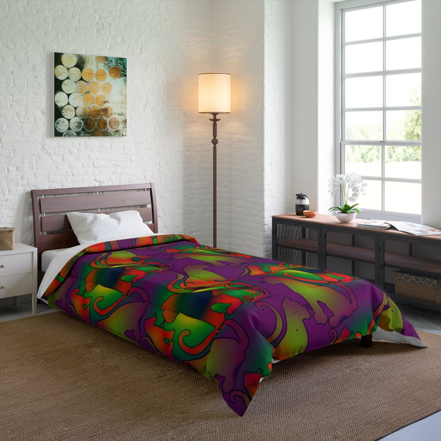 Psychedelic Abstract Cat Comforter — Vibrant Rainbow Swirl Bedding