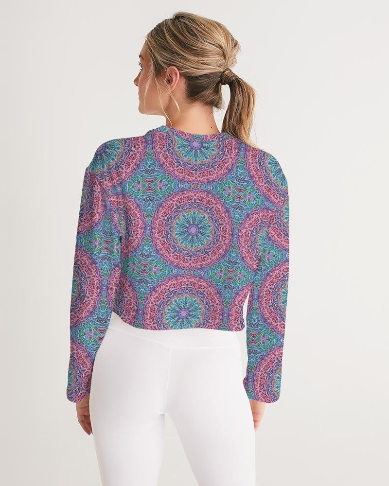 Blue Red Snowflake Kaleidoscope Women's All-Over Print Cropped Sweatshirt