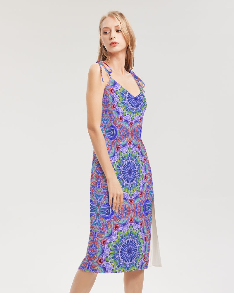 Blue Red Kaleidoscope Women's All-Over Print Tie Strap Split Dress