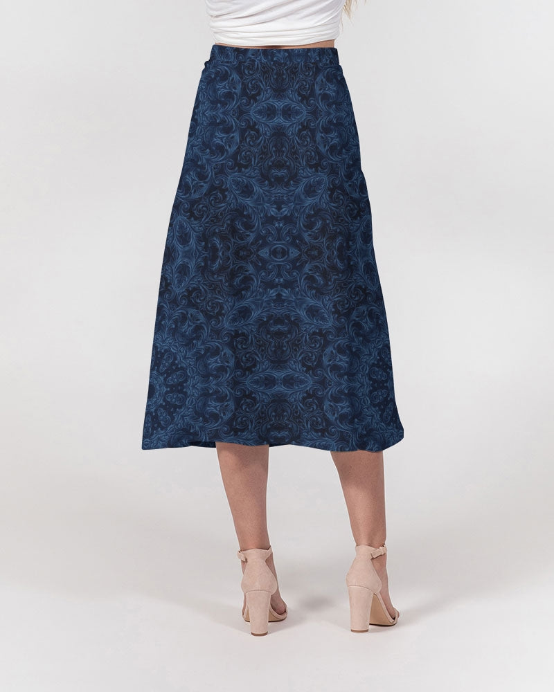 Blue Faux Velvet Kaleidoscope Women's All-Over Print A-Line Midi Skirt