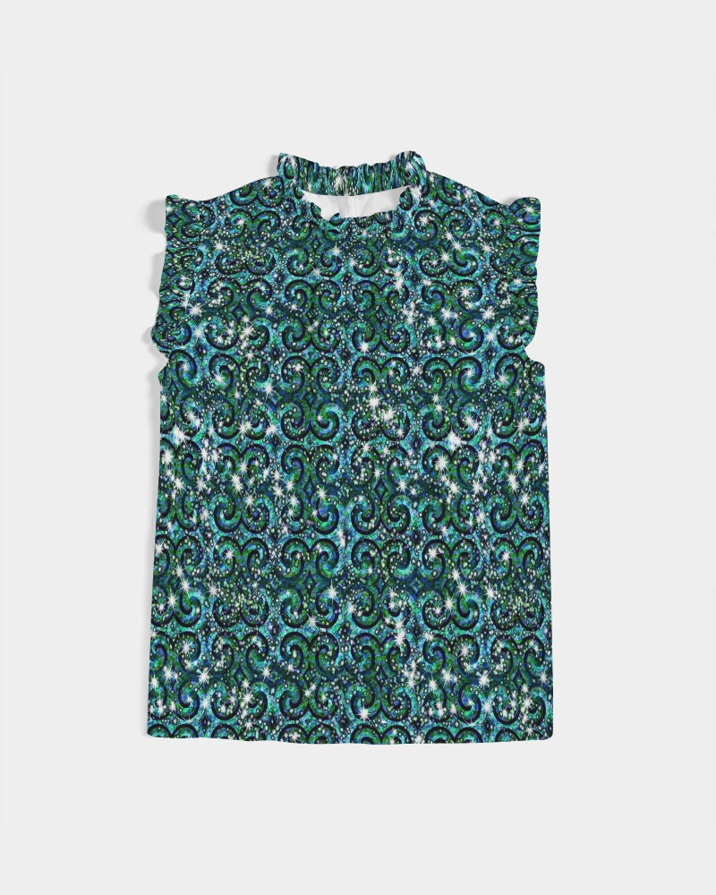 Blue Ice Sparkle Swirl Women's All-Over Print Ruffle Sleeve Top
